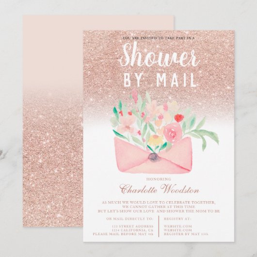 Roos gouden glitter floral baby shower per post kaart (Voorkant / Achterkant)
