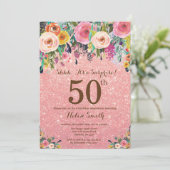 Roos Gouden Glitter Floral Surprise 50ste Verjaard Kaart (Staand voorkant)