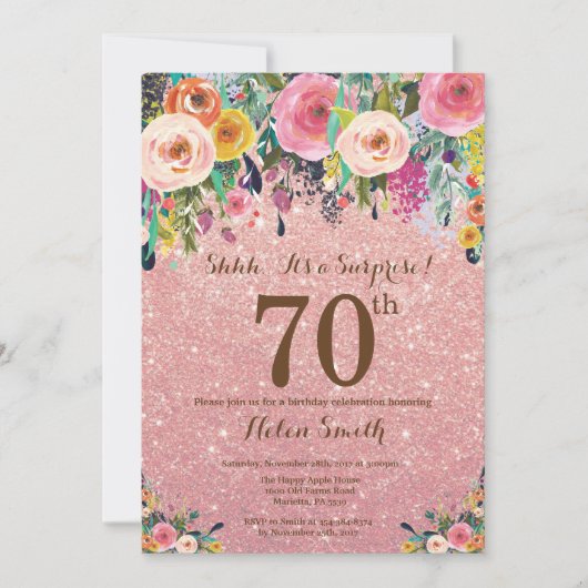 Roos Gouden Glitter Floral Surprise 70ste Verjaard Kaart (Voorkant)
