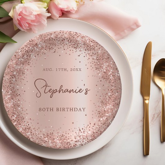 Roos Gouden Glitter Folie 80e Verjaardag Monogram Papieren Bordje