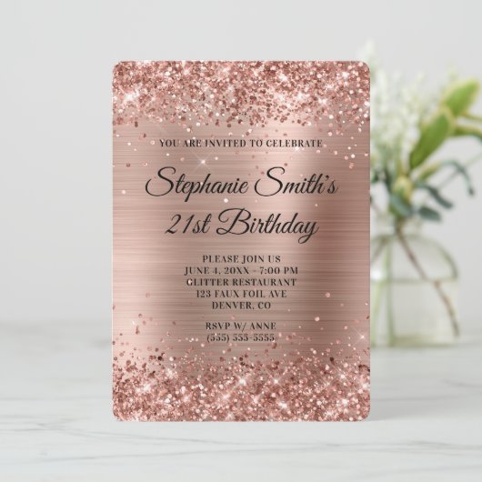 Roos Gouden Glitter Folie Monogram 21ste Verjaarda Kaart (Staand voorkant)