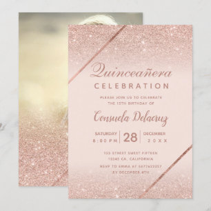 Roos gouden glitter foto blush roze Quinceanera Kaart