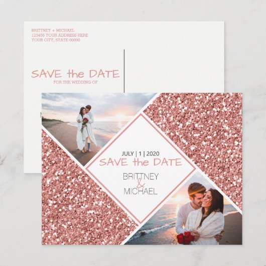 Roos Gouden Glitter Foto Sla de Datum Briefkaart (Voorkant / Achterkant)