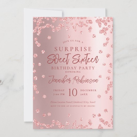 Roos Gouden Glitter Foto SURPRISE Sweet 16 Kaart (Voorkant)