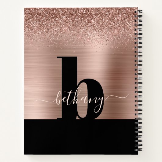 Roos Gouden Glitter Geborsteld Metaal Zwart Monogr Notitieboek (Achterkant)