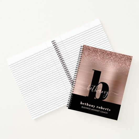 Roos Gouden Glitter Geborsteld Metaal Zwart Monogr Notitieboek (Binnen)