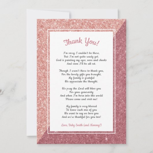 Roos Gouden Glitter Gedicht baby shower Dank u opm Bedankkaart (Voorkant)