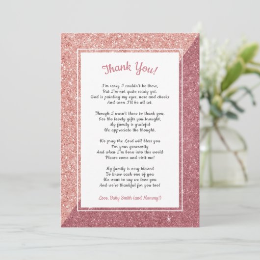 Roos Gouden Glitter Gedicht baby shower Dank u opm Bedankkaart (Staand voorkant)