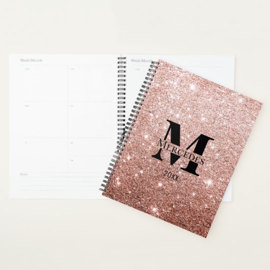 Roos Gouden Glitter Gepersonaliseerd Monogram Dage Planner (Display)