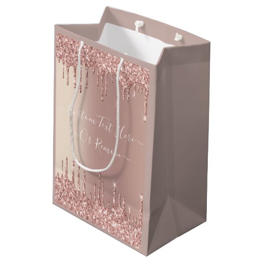 Roos Gouden Glitter Gift Bag met aangepaste tekst Medium Cadeauzakje (Achterkant Gekanteld)