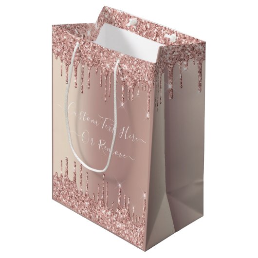 Roos Gouden Glitter Gift Bag met aangepaste tekst Medium Cadeauzakje (Voorkant Gekanteld)