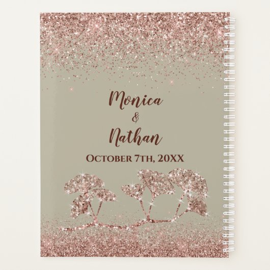Roos gouden glitter gingko bladeren op grijs bruil planner (Achterkant)