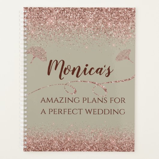 Roos gouden glitter gingko bladeren op grijs bruil planner (Voorkant)