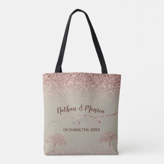 Roos Gouden Glitter Gingko op Grijs Mist Bruid Tote Bag (Achterkant)