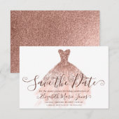 Roos Gouden Glitter Girly Jurk Sweet 16 Verjaardag Save The Date (Voorkant / Achterkant)