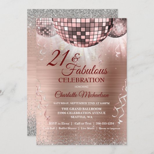 Roos Gouden Glitter Glam 21e Verjaardag Disco Ball Kaart (Voorkant / Achterkant)