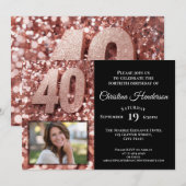 Roos Gouden Glitter Glam Foto 40e Verjaardagsfeest Kaart (Voorkant / Achterkant)