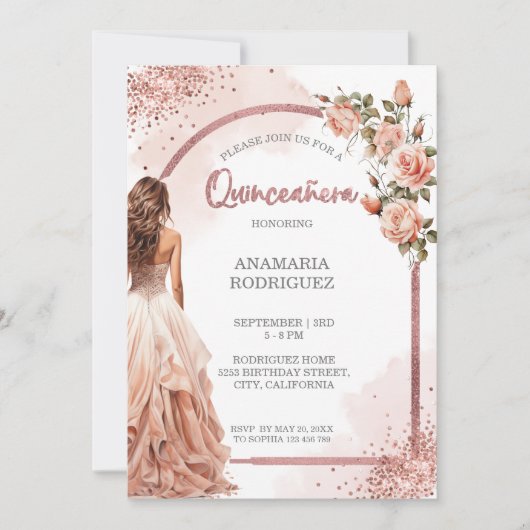 Roos Gouden Glitter Gown Blush Bloemen Quinceanera Kaart (Voorkant)