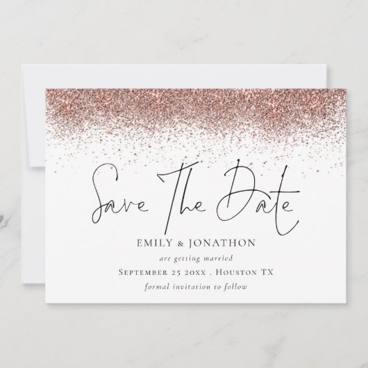 Roos gouden glitter grens bruiloft save the date (Voorkant)