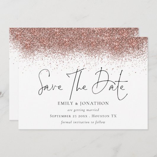 Roos gouden glitter grens bruiloft save the date (Voorkant / Achterkant)