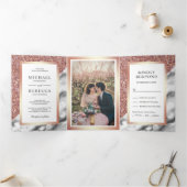 Roos Gouden Glitter Grijs Marmeren Fotobruiloft Drieluik Uitnodiging (Binnen)