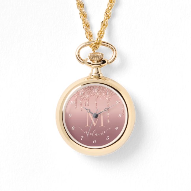 Roos Gouden Glitter Horloge met Aangepaste Naam Le (Voorkant)