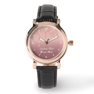 Roos Gouden Glitter Horloge met Aangepaste Tekstna