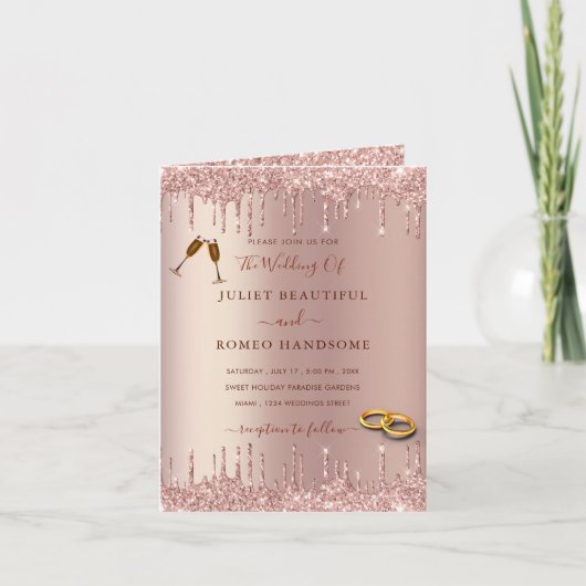 Roos Gouden Glitter Huwelijksuitnodiging Voorbeeld Kaart (Voorkant)