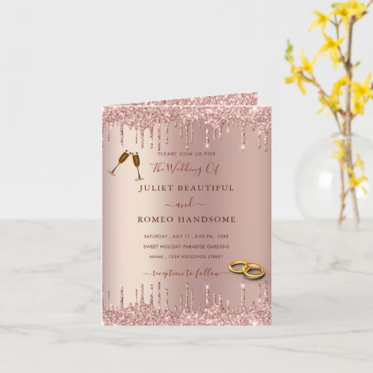 Roos Gouden Glitter Huwelijksuitnodiging Voorbeeld Kaart (Gele Bloem)