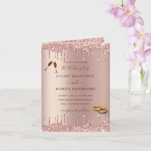 Roos Gouden Glitter Huwelijksuitnodiging Voorbeeld Kaart (Orchidee)