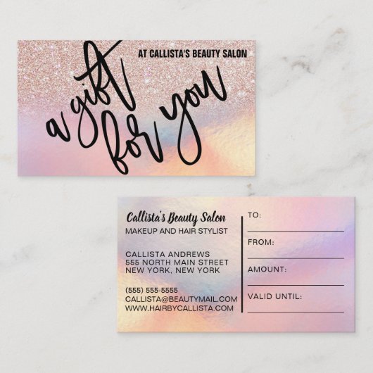 Roos Gouden Glitter Iridescent Cadeaubon Visitekaartje (Voorkant / Achterkant)