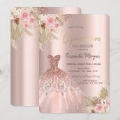 Roos gouden glitter jurk bloemen quinceañera kaart