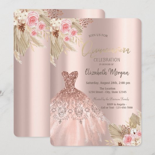 Roos gouden glitter jurk bloemen quinceañera kaart (Voorkant / Achterkant)
