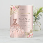 Roos gouden glitter jurk bloemen quinceañera kaart (Staand voorkant)