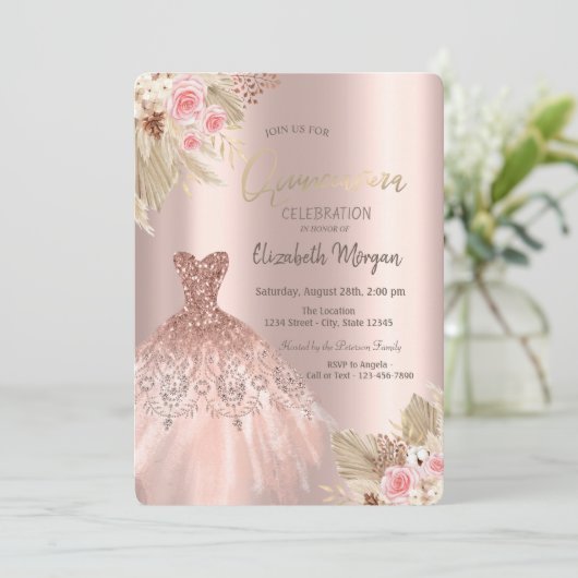Roos gouden glitter jurk bloemen quinceañera kaart