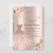 Roos gouden glitter jurk bloemen quinceañera kaart (Voorkant)