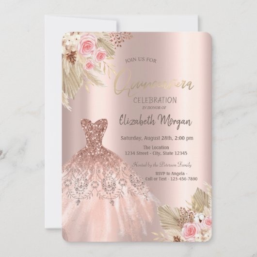 Roos gouden glitter jurk bloemen quinceañera kaart (Voorkant)
