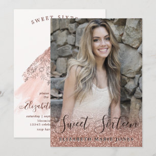 Roos Gouden Glitter Jurk Foto Sweet 16 Verjaardag Kaart
