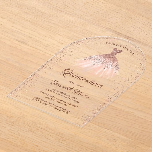 Roos Gouden Glitter Jurk Quinceañera Party Acryl Uitnodigingen (Laagn)