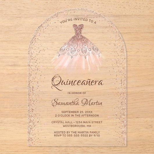 Roos Gouden Glitter Jurk Quinceañera Party Acryl Uitnodigingen (Voorkant)
