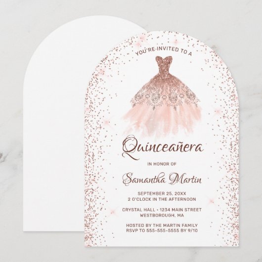 Roos Gouden Glitter Jurk Quinceañera Party Kaart (Voorkant / Achterkant)