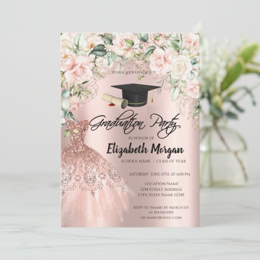 Roos Gouden Glitter Jurk Rozen Afstudeerder Pet Af Kaart (Staand voorkant)