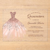 Roos Gouden Glitter Jurk Script Quinceañera Party Acryl Uitnodigingen (Voorkant)