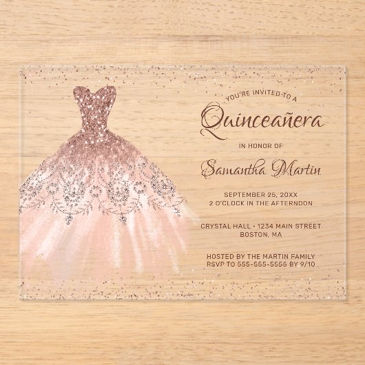 Roos Gouden Glitter Jurk Script Quinceañera Party Acryl Uitnodigingen (Voorkant)