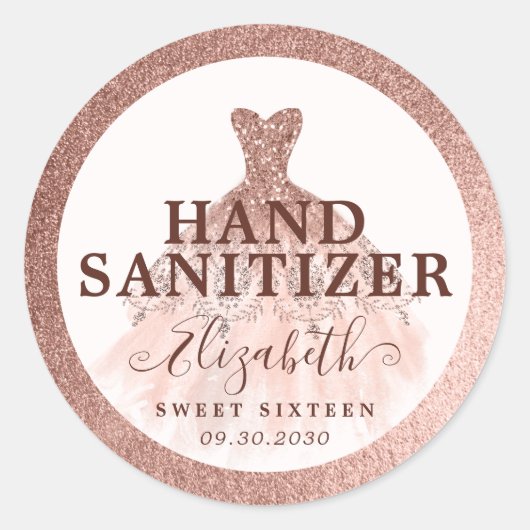 Roos Gouden Glitter Jurk Verjaardag Hand Sanitizer Ronde Sticker (Voorkant)