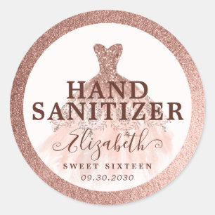 Roos Gouden Glitter Jurk Verjaardag Hand Sanitizer Ronde Sticker