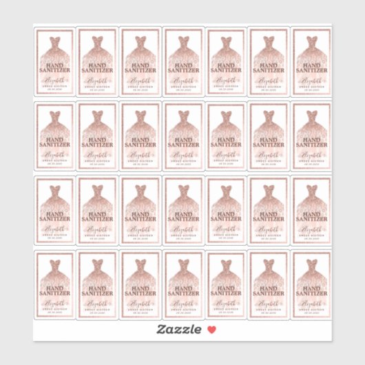 Roos Gouden Glitter Jurk Verjaardag Hand Sanitizer Sticker (Vel)