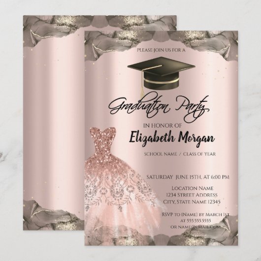 Roos Gouden Glitter Jurk Zwart Afstudeerder Pet Af Kaart (Voorkant / Achterkant)