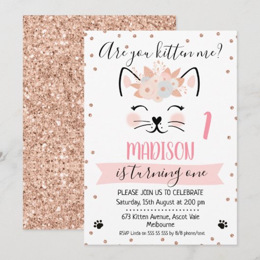 Roos gouden glitter kitten me verjaardagsuitnodigi kaart (Voorkant / Achterkant)