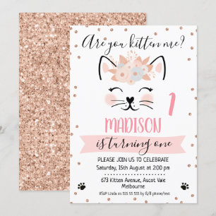 Roos gouden glitter kitten me verjaardagsuitnodigi kaart